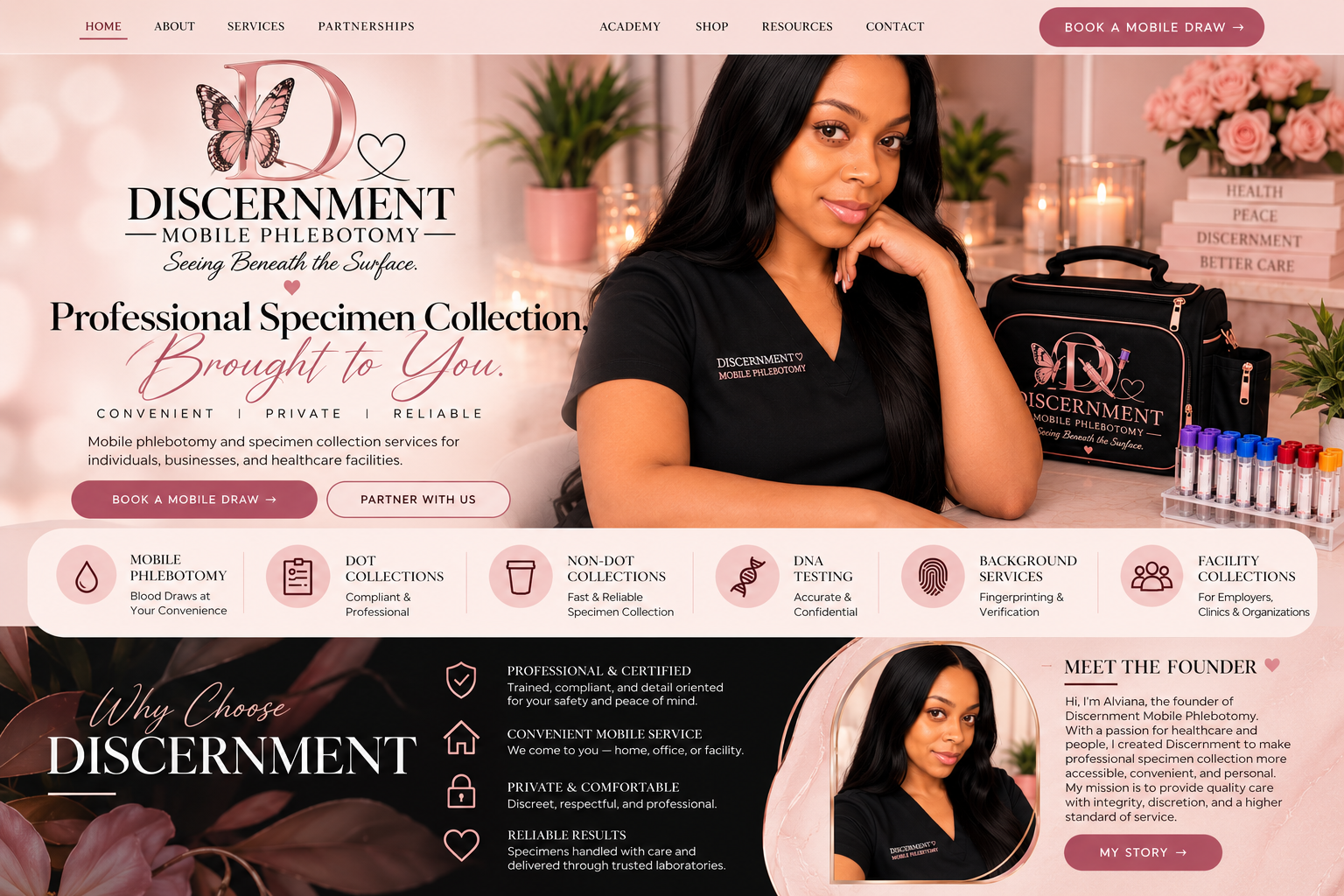 Discernment Mobile Phlebotomy homepage featuring professional specimen collection, mobile services, founder introduction and booking options